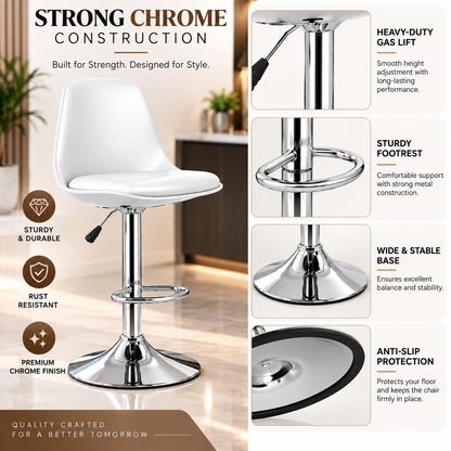 ANISHWAR Adjustable Bar Stool | White Padded Seat with Chrome Metal Base | 360° Swivel Counter Stool | Height Adjustable Kitchen & Bar Chair | Modern Stool