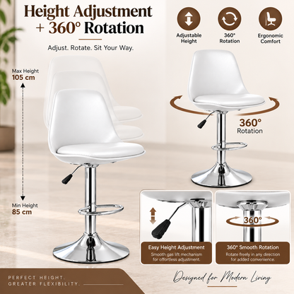 ANISHWAR Adjustable Bar Stool | White Padded Seat with Chrome Metal Base | 360° Swivel Counter Stool | Height Adjustable Kitchen & Bar Chair | Modern Stool