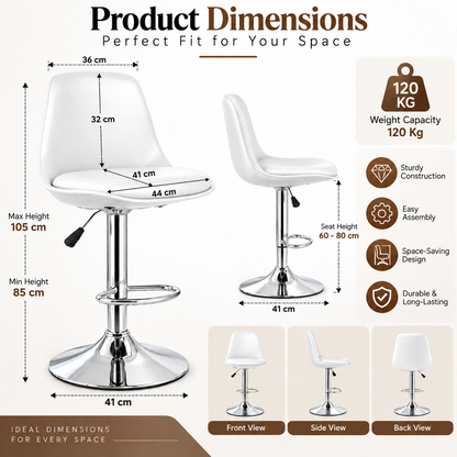 ANISHWAR Adjustable Bar Stool | White Padded Seat with Chrome Metal Base | 360° Swivel Counter Stool | Height Adjustable Kitchen & Bar Chair | Modern Stool