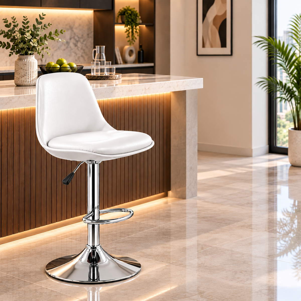 ANISHWAR Adjustable Bar Stool | White Padded Seat with Chrome Metal Base | 360° Swivel Counter Stool | Height Adjustable Kitchen & Bar Chair | Modern Stool