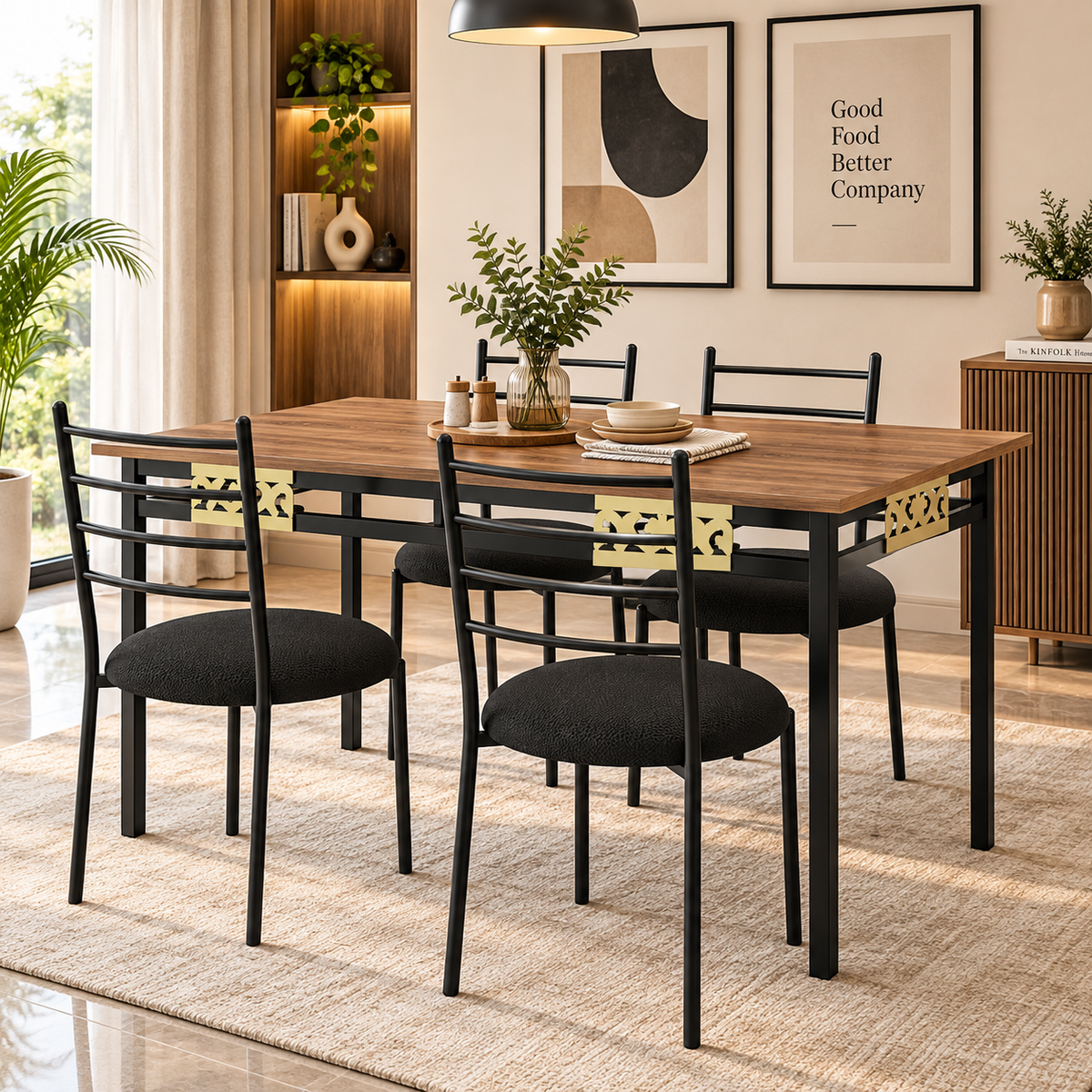 4 Seater Dining Table Set for 4 | Modern Dining Table with Cushioned Chairs | Strong Metal Frame with Wooden Finish Top | 106 × 61 cm | Dining Set for Home