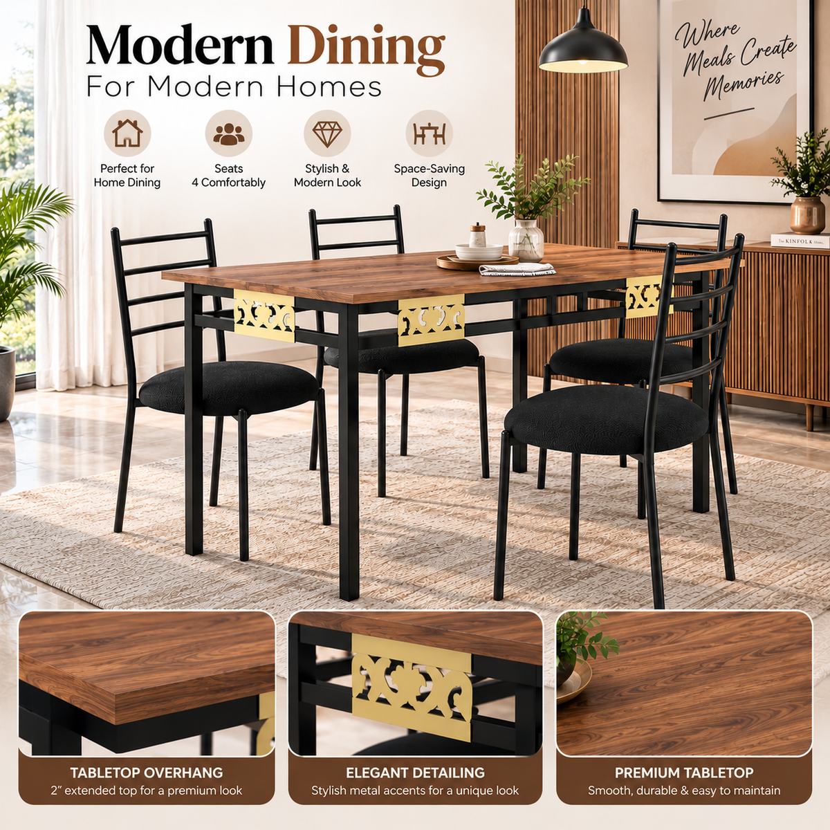 4 Seater Dining Table Set for 4 | Modern Dining Table with Cushioned Chairs | Strong Metal Frame with Wooden Finish Top | 106 × 61 cm | Dining Set for Home