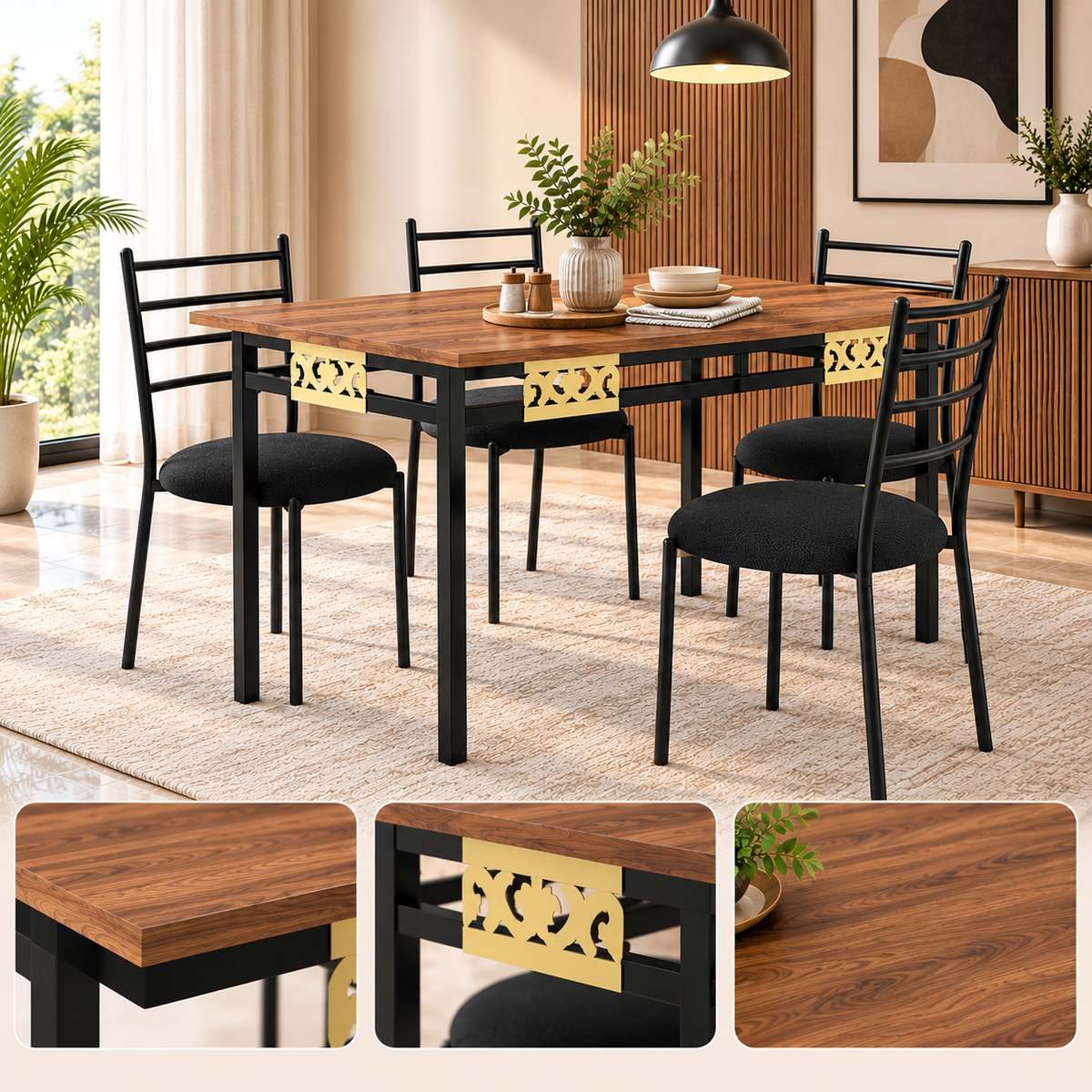 4 Seater Dining Table Set for 4 | Modern Dining Table with Cushioned Chairs | Strong Metal Frame with Wooden Finish Top | 106 × 61 cm | Dining Set for Home