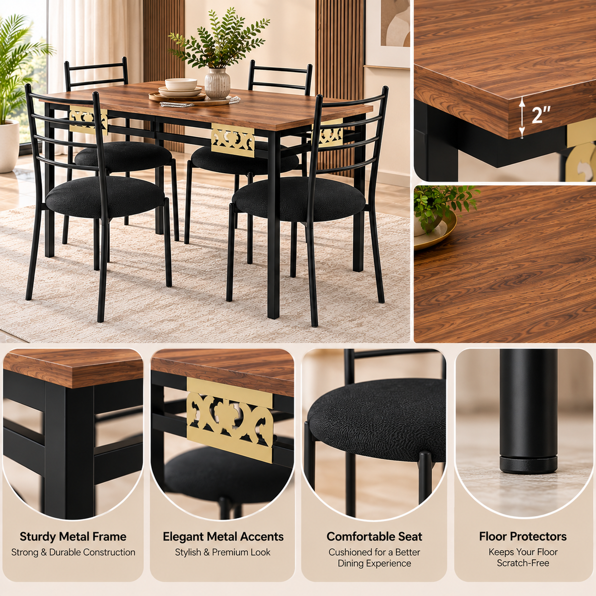 4 Seater Dining Table Set for 4 | Modern Dining Table with Cushioned Chairs | Strong Metal Frame with Wooden Finish Top | 106 × 61 cm | Dining Set for Home