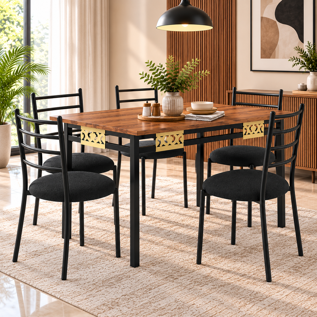 4 Seater Dining Table Set for 4 | Modern Dining Table with Cushioned Chairs | Strong Metal Frame with Wooden Finish Top | 106 × 61 cm | Dining Set for Home