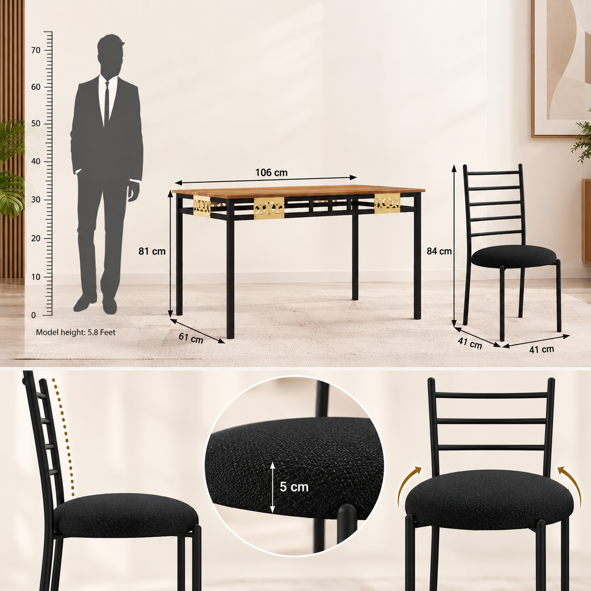 4 Seater Dining Table Set for 4 | Modern Dining Table with Cushioned Chairs | Strong Metal Frame with Wooden Finish Top | 106 × 61 cm | Dining Set for Home
