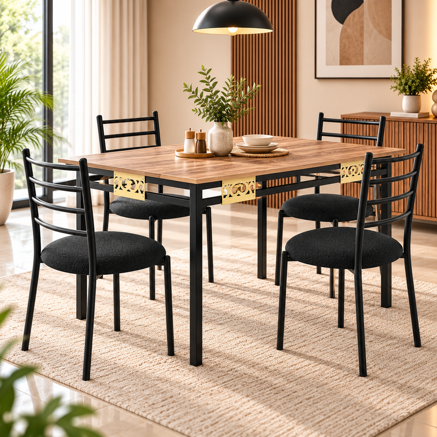 4 Seater Dining Table Set for 4 | Modern Dining Table with Cushioned Chairs | Strong Metal Frame with Wooden Finish Top | 106 × 61 cm | Dining Set for Home