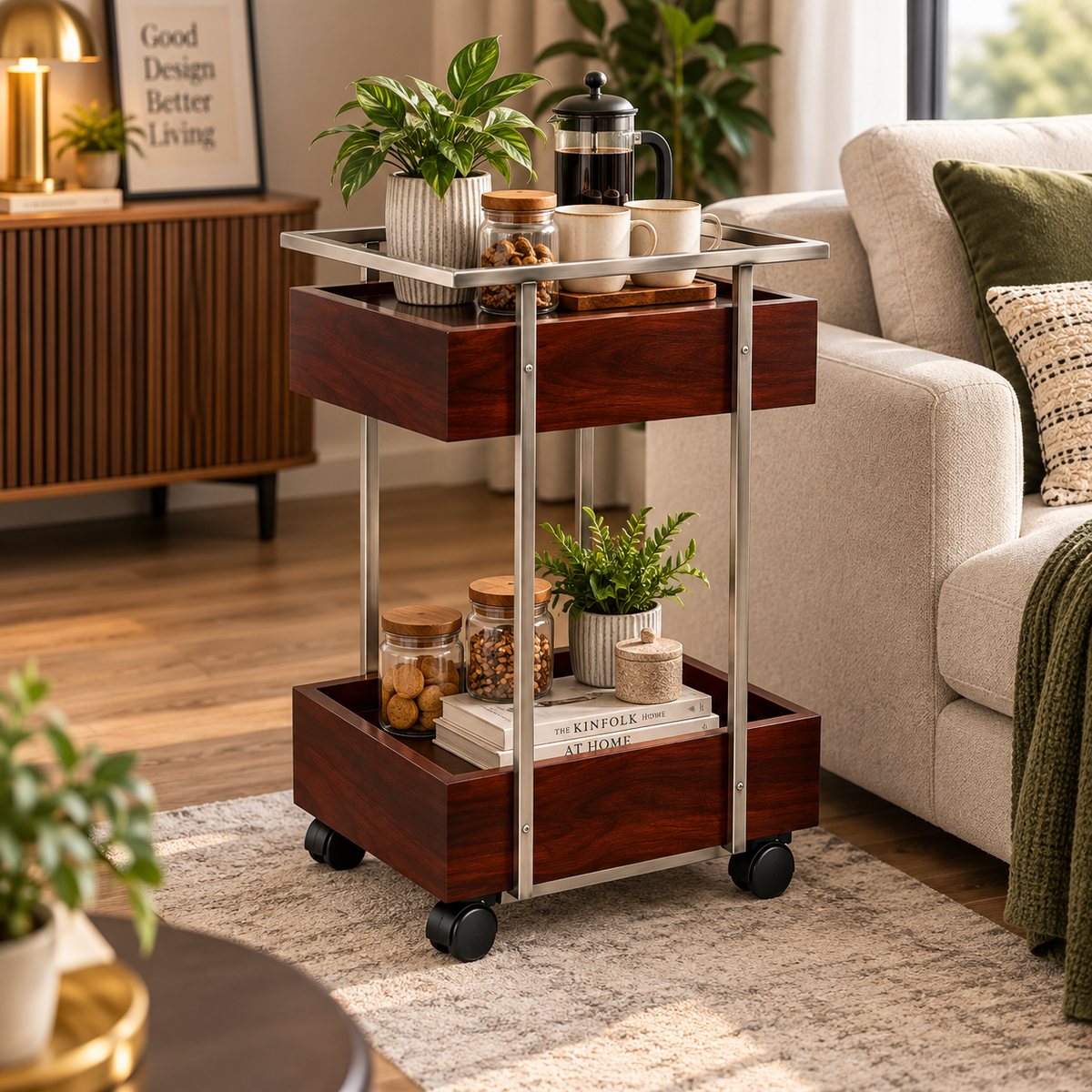 ANISHWAR 2-Tier Storage Trolley | Sheesham Wood Storage Trays with Metal Frame & Wheels | Multipurpose Serving & Utility Cart for Living Room, Kitchen & Home