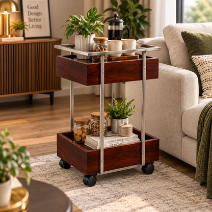 ANISHWAR 2-Tier Storage Trolley | Sheesham Wood Storage Trays with Metal Frame & Wheels | Multipurpose Serving & Utility Cart for Living Room, Kitchen & Home