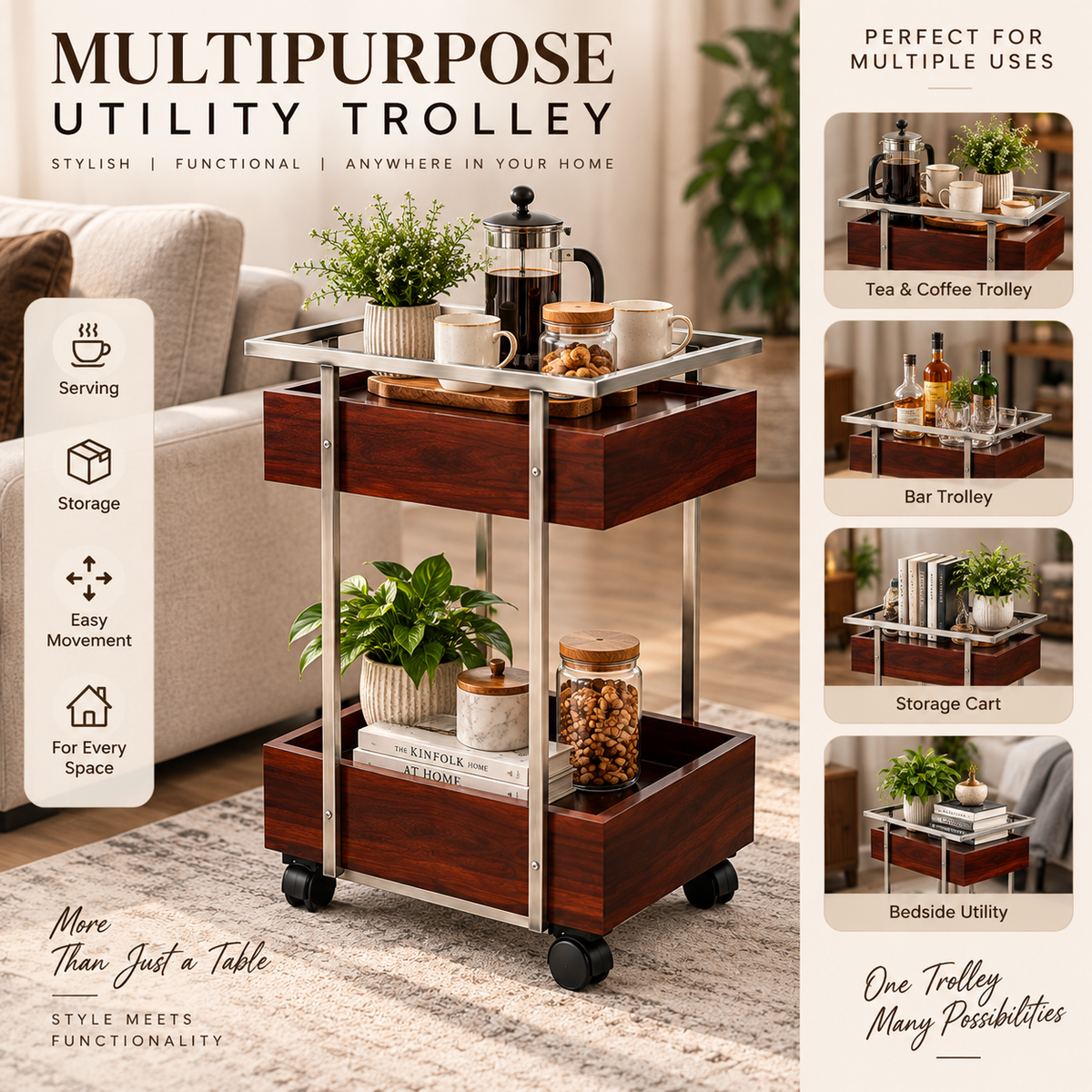 ANISHWAR 2-Tier Storage Trolley | Sheesham Wood Storage Trays with Metal Frame & Wheels | Multipurpose Serving & Utility Cart for Living Room, Kitchen & Home