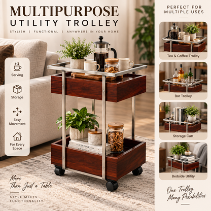 ANISHWAR 2-Tier Storage Trolley | Sheesham Wood Storage Trays with Metal Frame & Wheels | Multipurpose Serving & Utility Cart for Living Room, Kitchen & Home