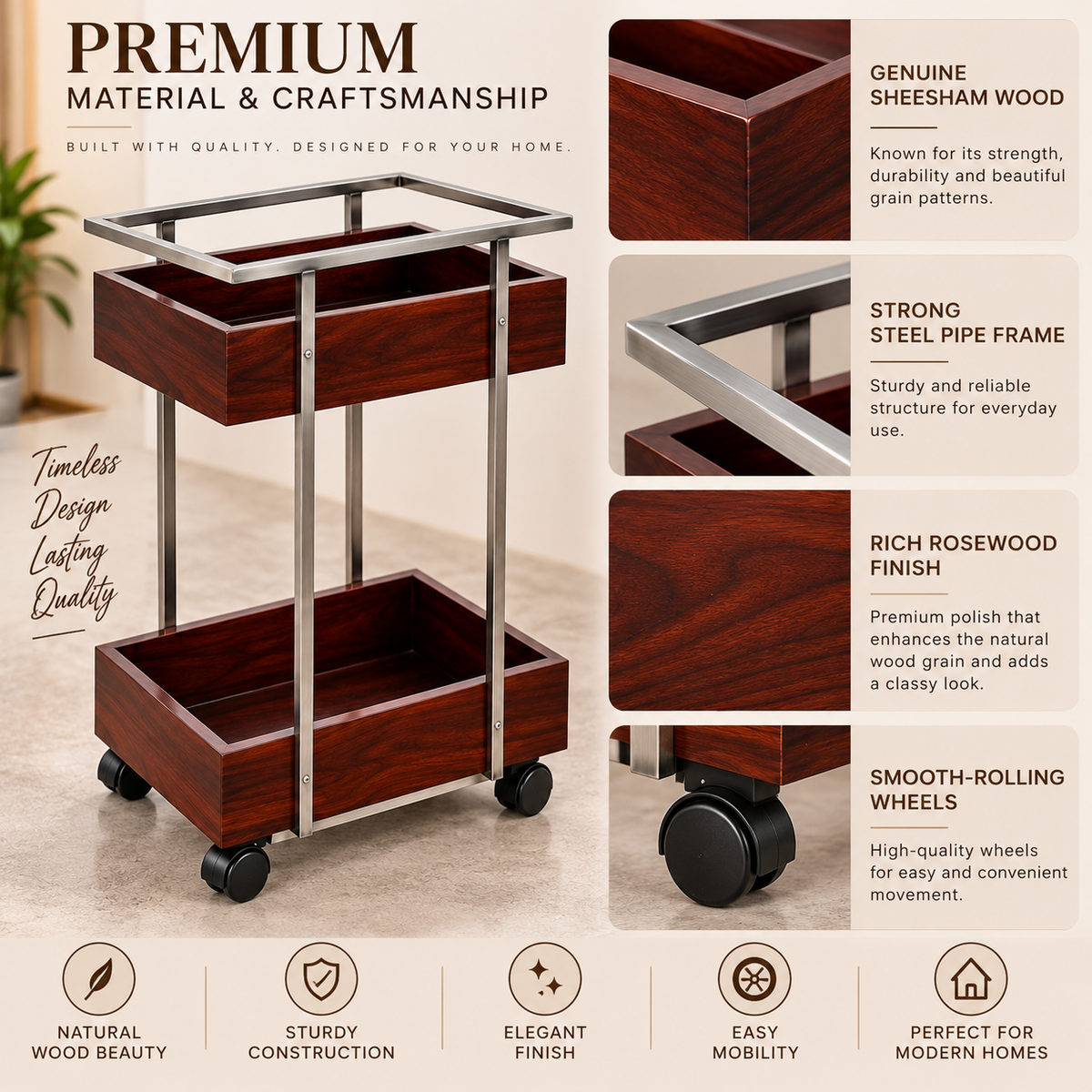 ANISHWAR 2-Tier Storage Trolley | Sheesham Wood Storage Trays with Metal Frame & Wheels | Multipurpose Serving & Utility Cart for Living Room, Kitchen & Home