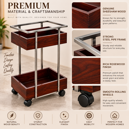 ANISHWAR 2-Tier Storage Trolley | Sheesham Wood Storage Trays with Metal Frame & Wheels | Multipurpose Serving & Utility Cart for Living Room, Kitchen & Home