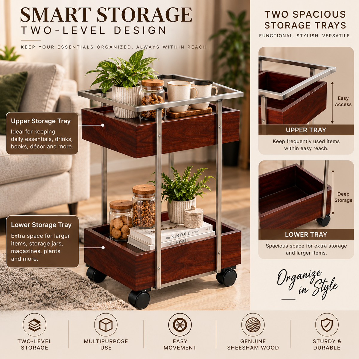 ANISHWAR 2-Tier Storage Trolley | Sheesham Wood Storage Trays with Metal Frame & Wheels | Multipurpose Serving & Utility Cart for Living Room, Kitchen & Home