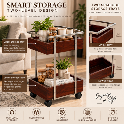 ANISHWAR 2-Tier Storage Trolley | Sheesham Wood Storage Trays with Metal Frame & Wheels | Multipurpose Serving & Utility Cart for Living Room, Kitchen & Home