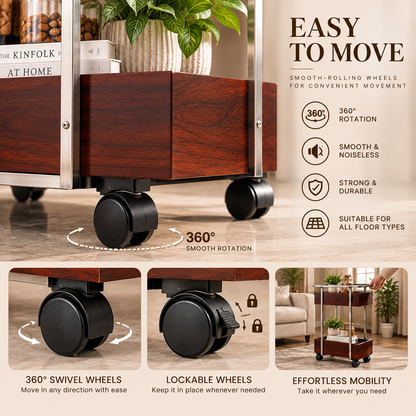 ANISHWAR 2-Tier Storage Trolley | Sheesham Wood Storage Trays with Metal Frame & Wheels | Multipurpose Serving & Utility Cart for Living Room, Kitchen & Home