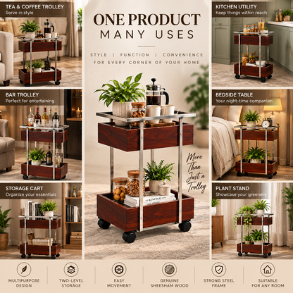 ANISHWAR 2-Tier Storage Trolley | Sheesham Wood Storage Trays with Metal Frame & Wheels | Multipurpose Serving & Utility Cart for Living Room, Kitchen & Home