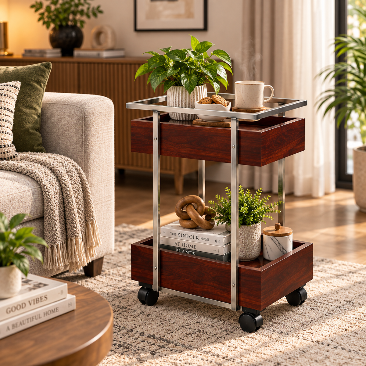 ANISHWAR 2-Tier Storage Trolley | Sheesham Wood Storage Trays with Metal Frame & Wheels | Multipurpose Serving & Utility Cart for Living Room, Kitchen & Home
