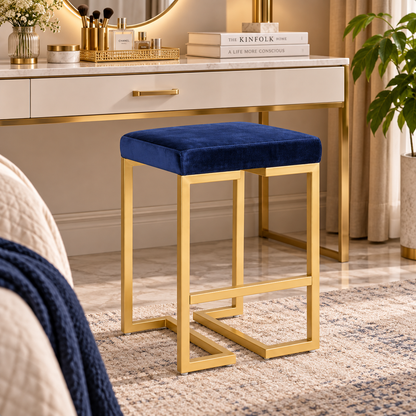 ANISHWAR Golden Metal Stool with Cushioned Seat | 15.25 × 13.25 Inch Vanity Stool | Modern Gold Finish Metal Frame | Multipurpose Stool for Bedroom, Dressing & Home