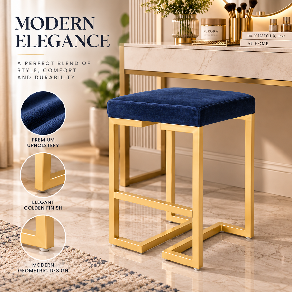 ANISHWAR Golden Metal Stool with Cushioned Seat | 15.25 × 13.25 Inch Vanity Stool | Modern Gold Finish Metal Frame | Multipurpose Stool for Bedroom, Dressing & Home