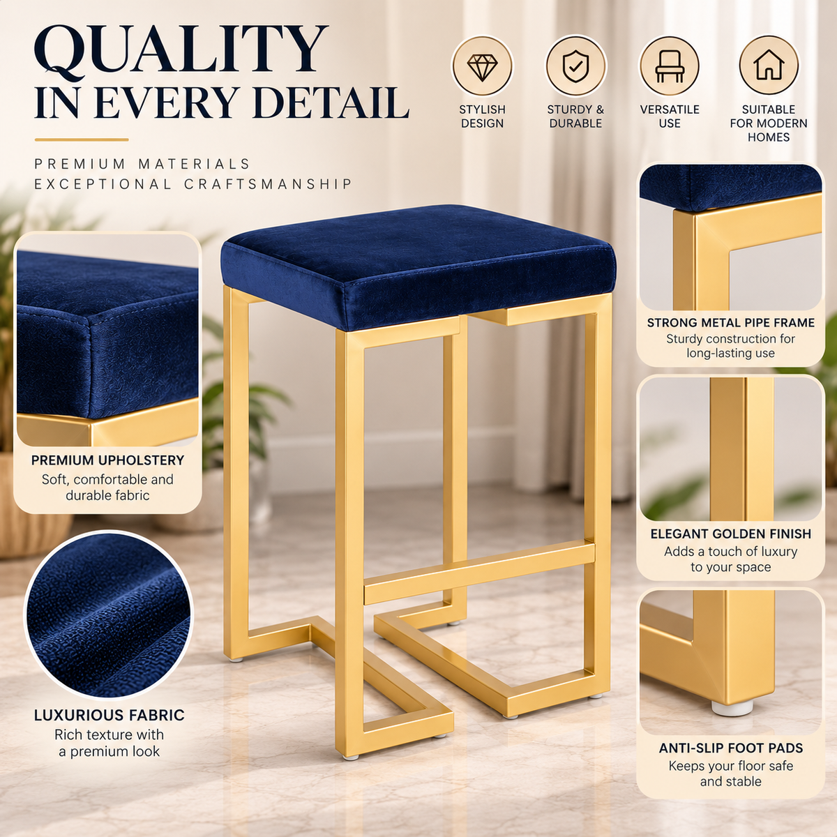 ANISHWAR Golden Metal Stool with Cushioned Seat | 15.25 × 13.25 Inch Vanity Stool | Modern Gold Finish Metal Frame | Multipurpose Stool for Bedroom, Dressing & Home