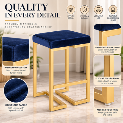 ANISHWAR Golden Metal Stool with Cushioned Seat | 15.25 × 13.25 Inch Vanity Stool | Modern Gold Finish Metal Frame | Multipurpose Stool for Bedroom, Dressing & Home