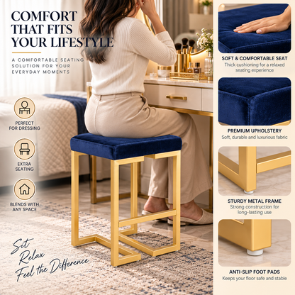 ANISHWAR Golden Metal Stool with Cushioned Seat | 15.25 × 13.25 Inch Vanity Stool | Modern Gold Finish Metal Frame | Multipurpose Stool for Bedroom, Dressing & Home