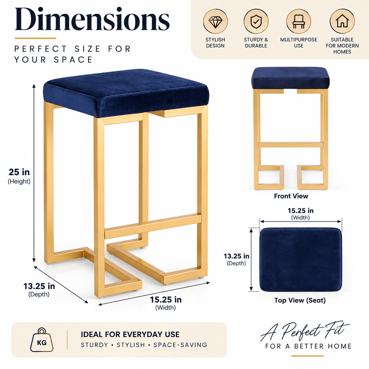 ANISHWAR Golden Metal Stool with Cushioned Seat | 15.25 × 13.25 Inch Vanity Stool | Modern Gold Finish Metal Frame | Multipurpose Stool for Bedroom, Dressing & Home