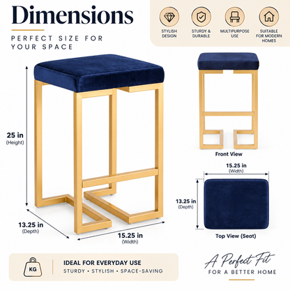 ANISHWAR Golden Metal Stool with Cushioned Seat | 15.25 × 13.25 Inch Vanity Stool | Modern Gold Finish Metal Frame | Multipurpose Stool for Bedroom, Dressing & Home