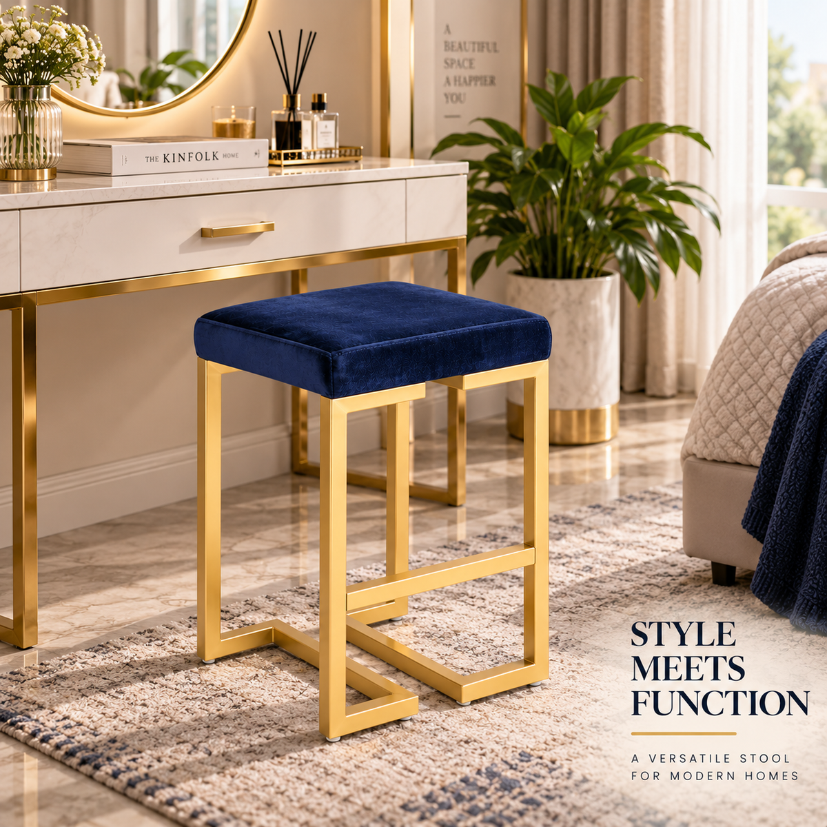 ANISHWAR Golden Metal Stool with Cushioned Seat | 15.25 × 13.25 Inch Vanity Stool | Modern Gold Finish Metal Frame | Multipurpose Stool for Bedroom, Dressing & Home