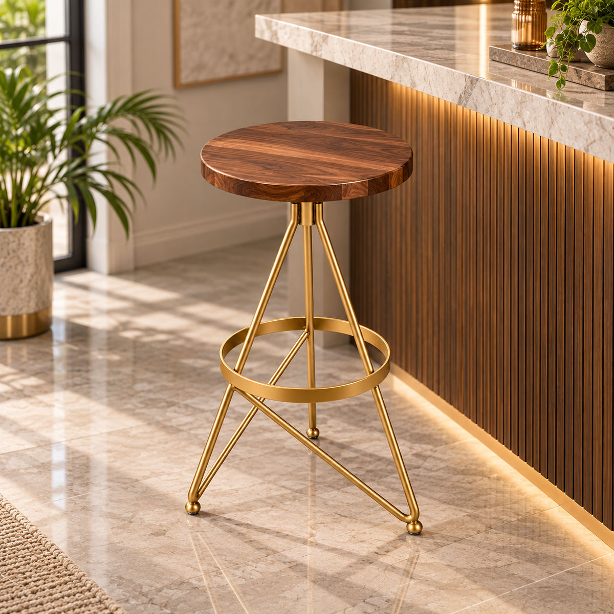 ANISHWAR Round Side Table | 25 Inch Golden Metal Frame with Wooden Finish MDF Top | Modern Accent Table for Living Room, Bedroom & Home Decor