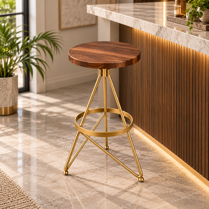 ANISHWAR Round Side Table | 25 Inch Golden Metal Frame with Wooden Finish MDF Top | Modern Accent Table for Living Room, Bedroom & Home Decor