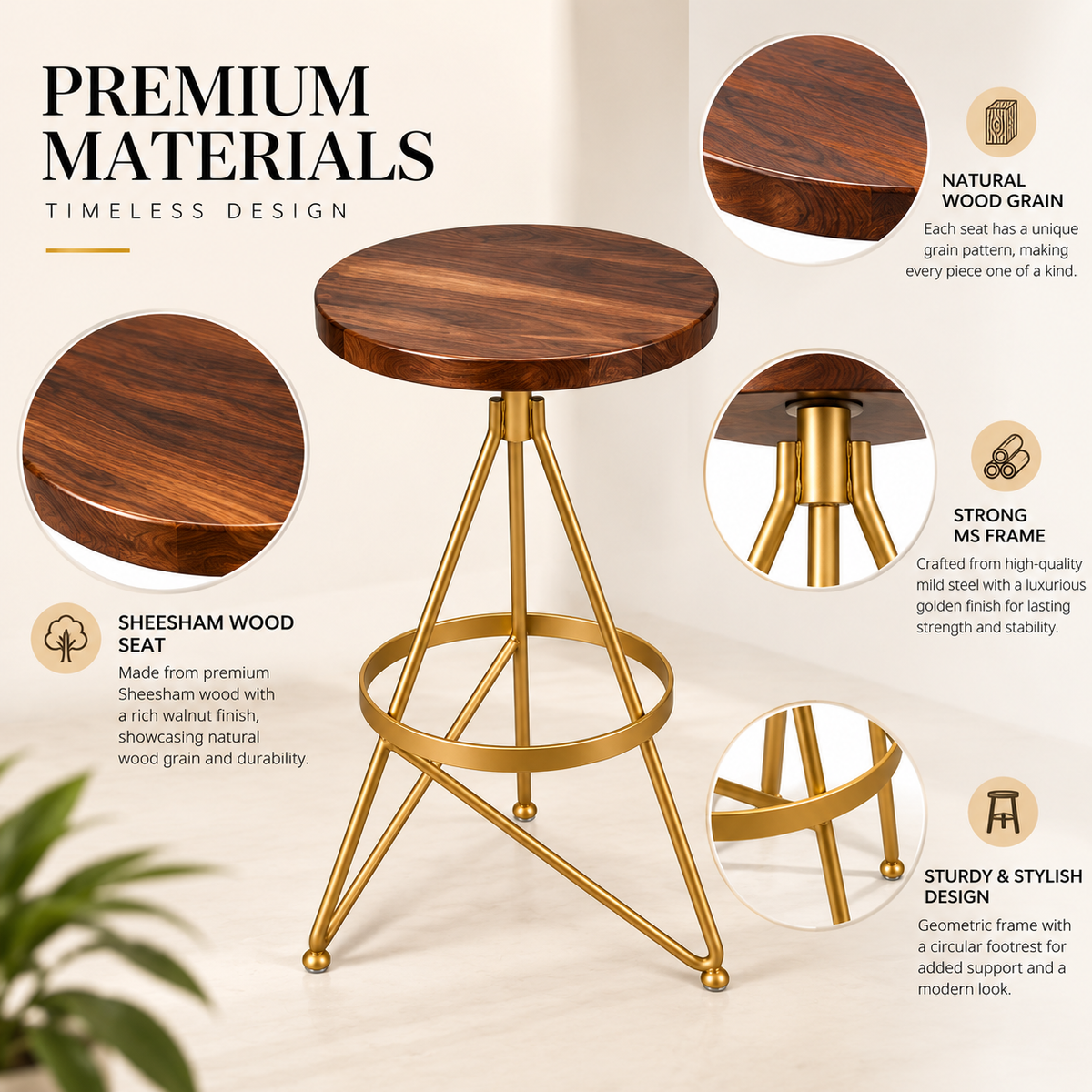 ANISHWAR Round Side Table | 25 Inch Golden Metal Frame with Wooden Finish MDF Top | Modern Accent Table for Living Room, Bedroom & Home Decor