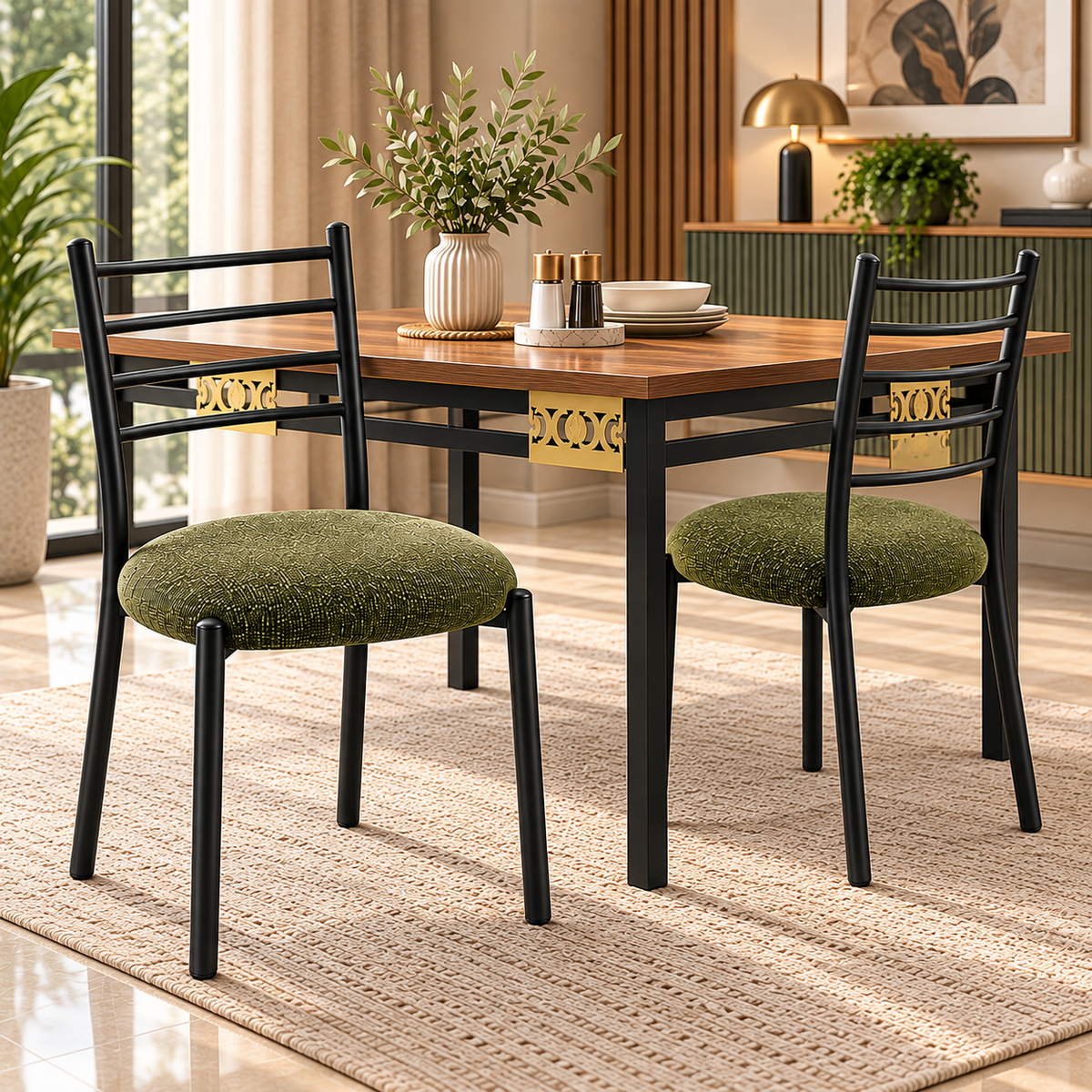 ANISHWAR Set of 2 Modern Dining Chairs for Home | Black Metal Frame with Cushioned Seat | 83 cm High Dining Chairs | Green & Black Cushion Colour Options | Dining Room & Kitchen Chairs