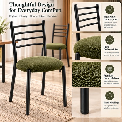 ANISHWAR Set of 2 Modern Dining Chairs for Home | Black Metal Frame with Cushioned Seat | 83 cm High Dining Chairs | Green & Black Cushion Colour Options | Dining Room & Kitchen Chairs
