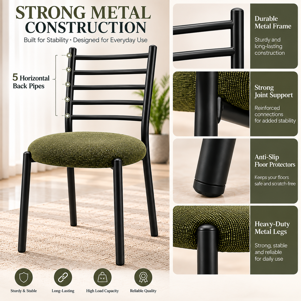 ANISHWAR Set of 2 Modern Dining Chairs for Home | Black Metal Frame with Cushioned Seat | 83 cm High Dining Chairs | Green & Black Cushion Colour Options | Dining Room & Kitchen Chairs