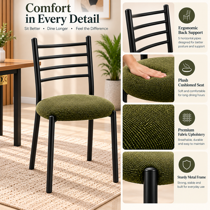 ANISHWAR Set of 2 Modern Dining Chairs for Home | Black Metal Frame with Cushioned Seat | 83 cm High Dining Chairs | Green & Black Cushion Colour Options | Dining Room & Kitchen Chairs