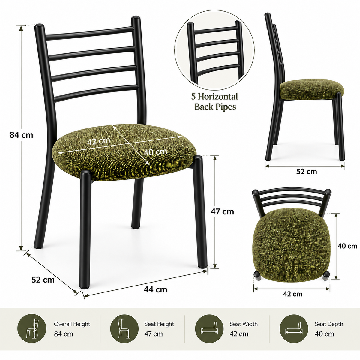 ANISHWAR Set of 2 Modern Dining Chairs for Home | Black Metal Frame with Cushioned Seat | 83 cm High Dining Chairs | Green & Black Cushion Colour Options | Dining Room & Kitchen Chairs