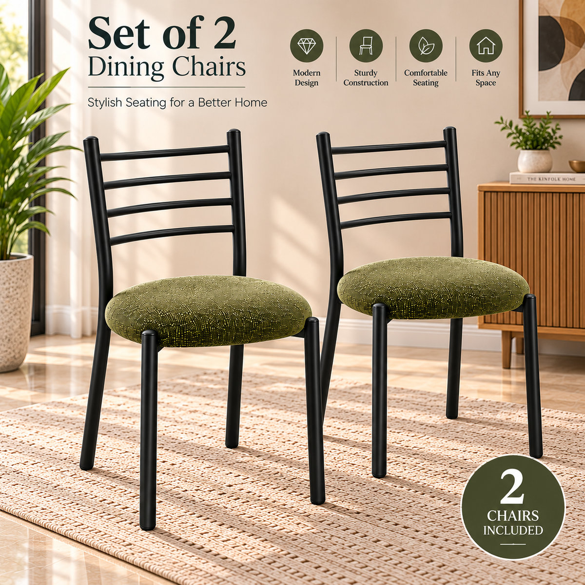 ANISHWAR Set of 2 Modern Dining Chairs for Home | Black Metal Frame with Cushioned Seat | 83 cm High Dining Chairs | Green & Black Cushion Colour Options | Dining Room & Kitchen Chairs