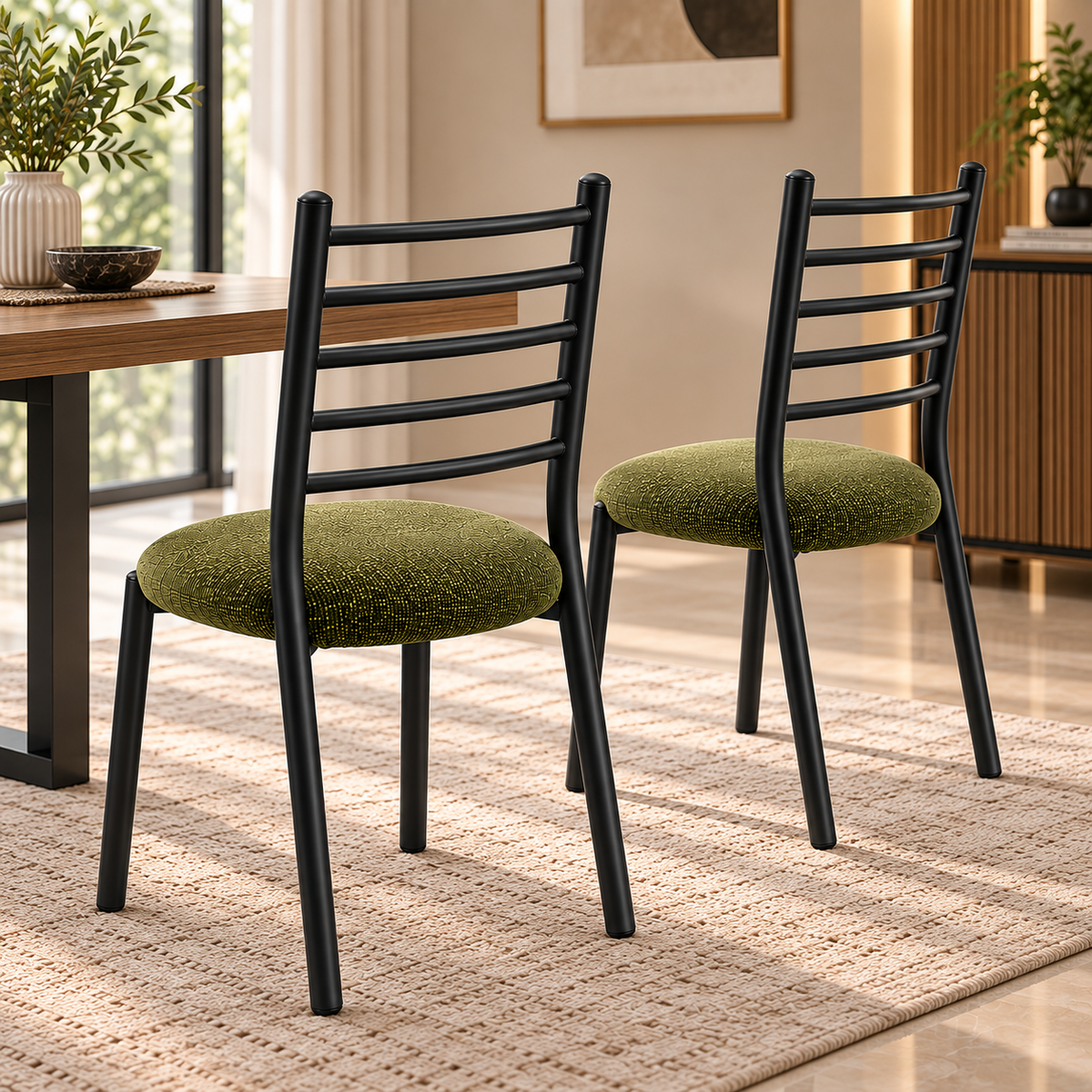 ANISHWAR Set of 2 Modern Dining Chairs for Home | Black Metal Frame with Cushioned Seat | 83 cm High Dining Chairs | Green & Black Cushion Colour Options | Dining Room & Kitchen Chairs