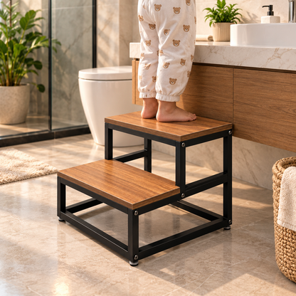 ANISHWAR 2 Step Step Stool for Home | Wooden Finish Platform with Strong Metal Frame | 14 Inch Height Safety Step Stool for Kitchen, Bathroom & Home | Pre-Assembled