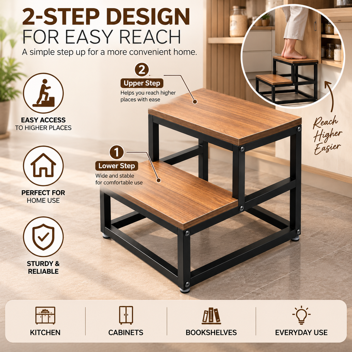 ANISHWAR 2 Step Step Stool for Home | Wooden Finish Platform with Strong Metal Frame | 14 Inch Height Safety Step Stool for Kitchen, Bathroom & Home | Pre-Assembled