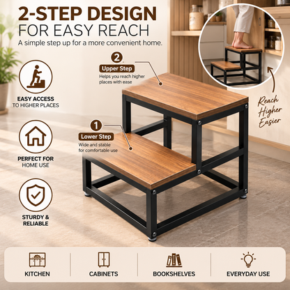 ANISHWAR 2 Step Step Stool for Home | Wooden Finish Platform with Strong Metal Frame | 14 Inch Height Safety Step Stool for Kitchen, Bathroom & Home | Pre-Assembled