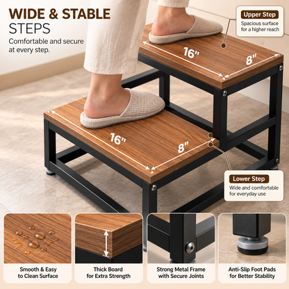 ANISHWAR 2 Step Step Stool for Home | Wooden Finish Platform with Strong Metal Frame | 14 Inch Height Safety Step Stool for Kitchen, Bathroom & Home | Pre-Assembled