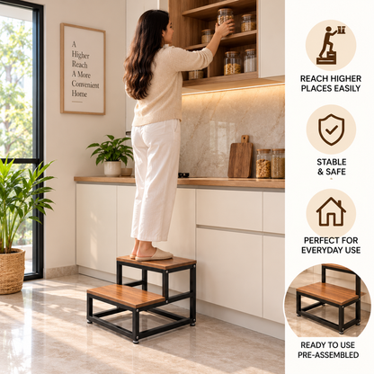 ANISHWAR 2 Step Step Stool for Home | Wooden Finish Platform with Strong Metal Frame | 14 Inch Height Safety Step Stool for Kitchen, Bathroom & Home | Pre-Assembled