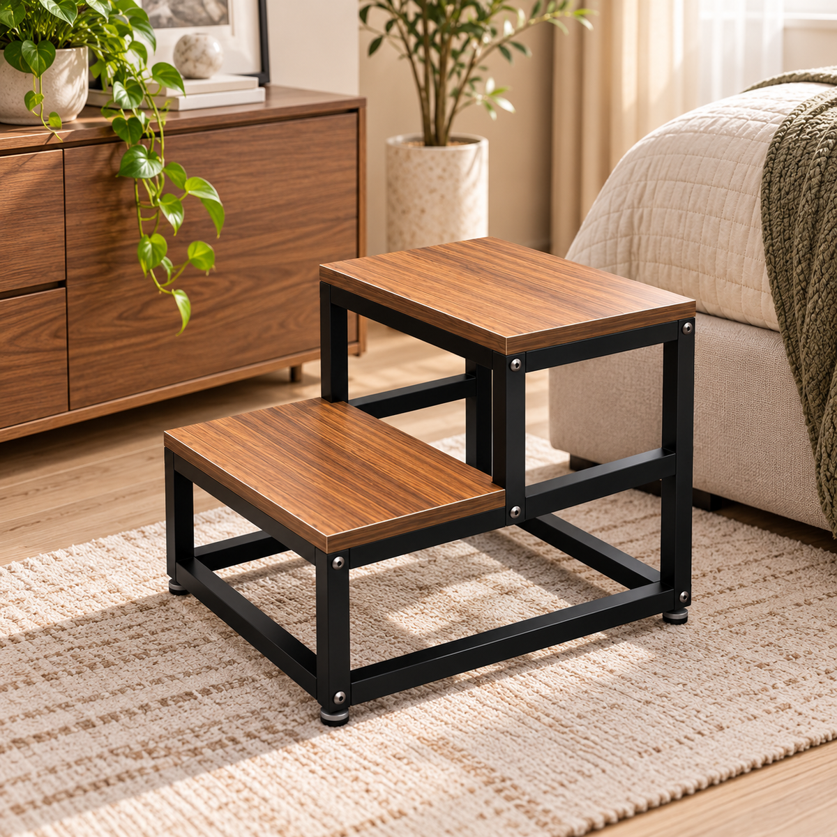 ANISHWAR 2 Step Step Stool for Home | Wooden Finish Platform with Strong Metal Frame | 14 Inch Height Safety Step Stool for Kitchen, Bathroom & Home | Pre-Assembled