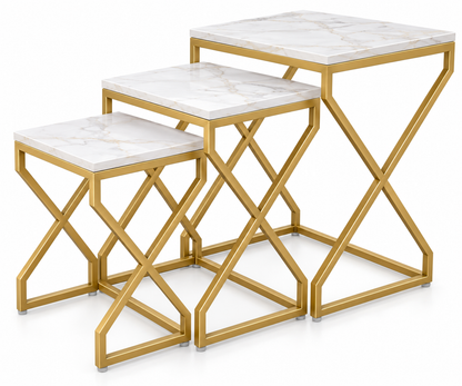 ANISHWAR X-Design Nesting Side Tables Set of 3 | Small, Medium & Large | Marble Finish Top with Gold Metal Frame | Modern Accent Tables for Living Room, Bedroom & Sofa