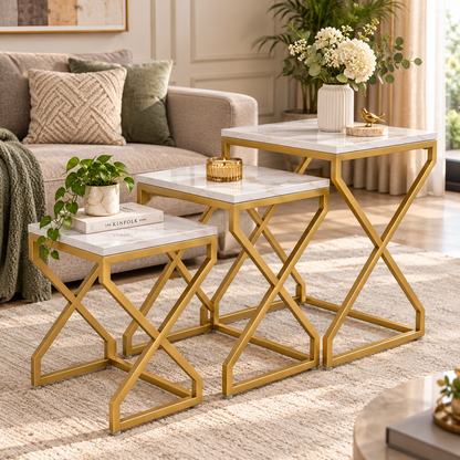 ANISHWAR X-Design Nesting Side Tables Set of 3 | Small, Medium & Large | Marble Finish Top with Gold Metal Frame | Modern Accent Tables for Living Room, Bedroom & Sofa