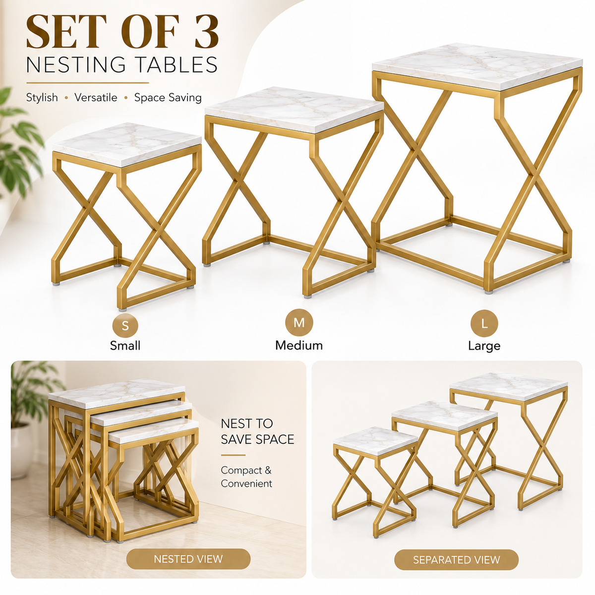 ANISHWAR X-Design Nesting Side Tables Set of 3 | Small, Medium & Large | Marble Finish Top with Gold Metal Frame | Modern Accent Tables for Living Room, Bedroom & Sofa