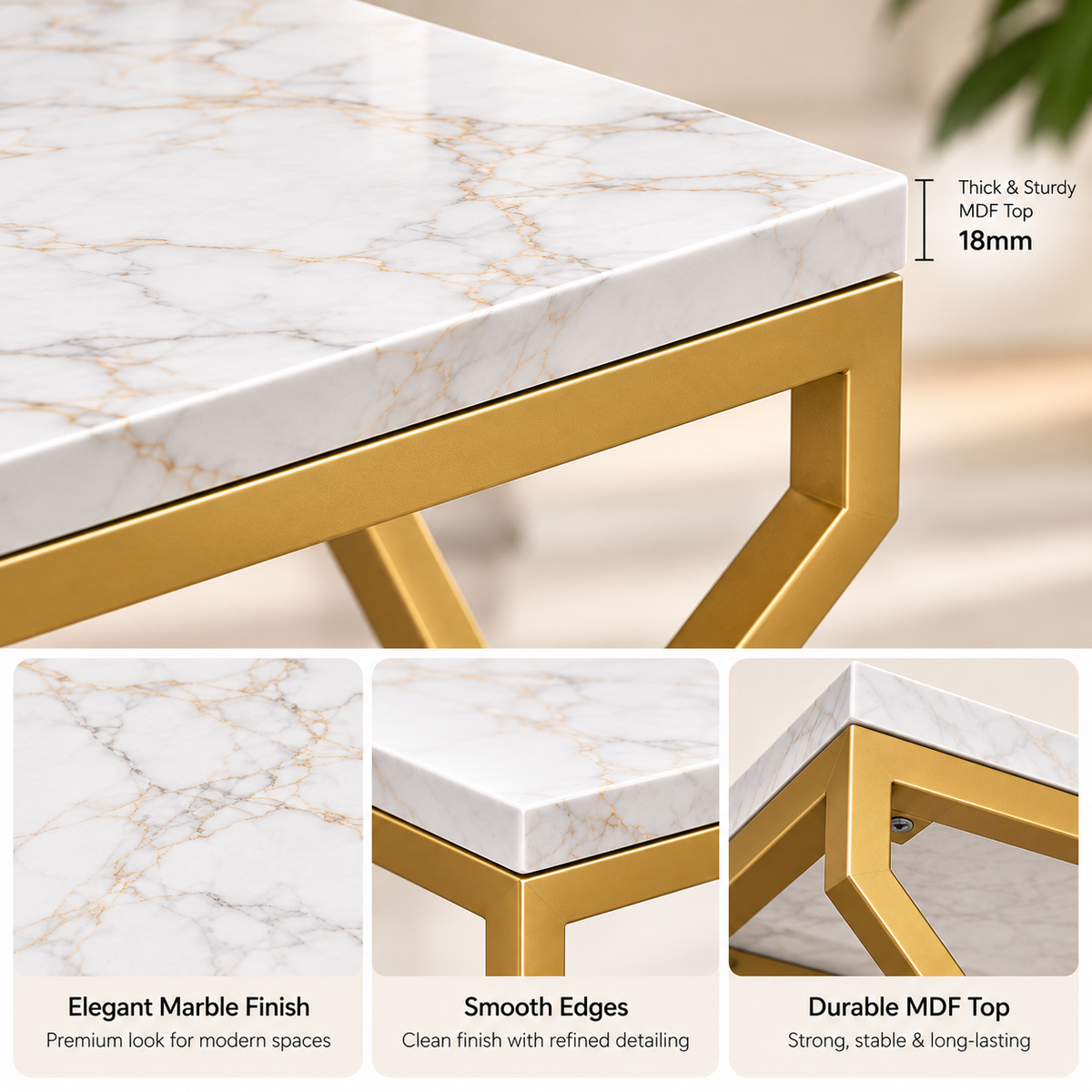 ANISHWAR X-Design Nesting Side Tables Set of 3 | Small, Medium & Large | Marble Finish Top with Gold Metal Frame | Modern Accent Tables for Living Room, Bedroom & Sofa